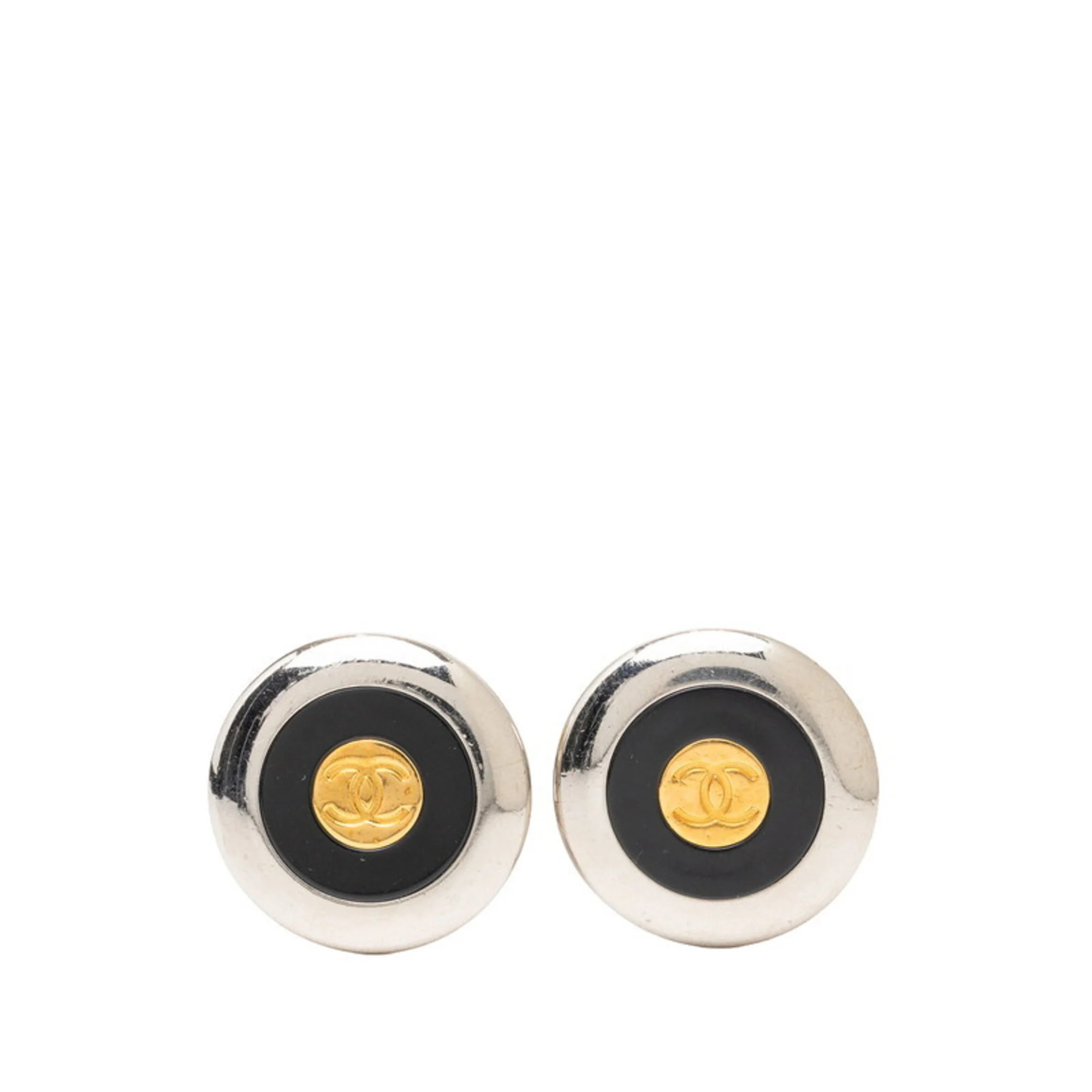 Chanel Coco Mark Vintage Round Earrings 97a Silver Gold Black Plated Metal Wo...